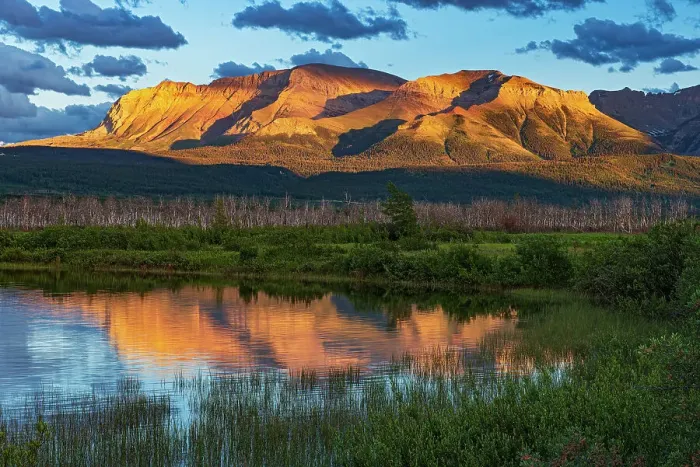 Framed Print : Canada, Alberta, Waterton Lakes National Park. Sofa Mountain at sunset reflected in Lower Waterton Lake