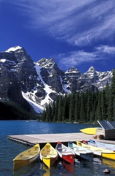 Canada, Banff National Park. Canoes docked on Morainne Lake