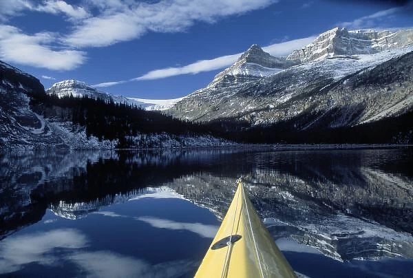 Canada, British Columbia, Banff. Kayak bow on calm water at Bow Lake