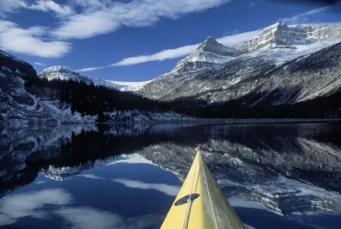 Framed Print : Canada, British Columbia, Banff. Kayak bow on calm water at Bow Lake