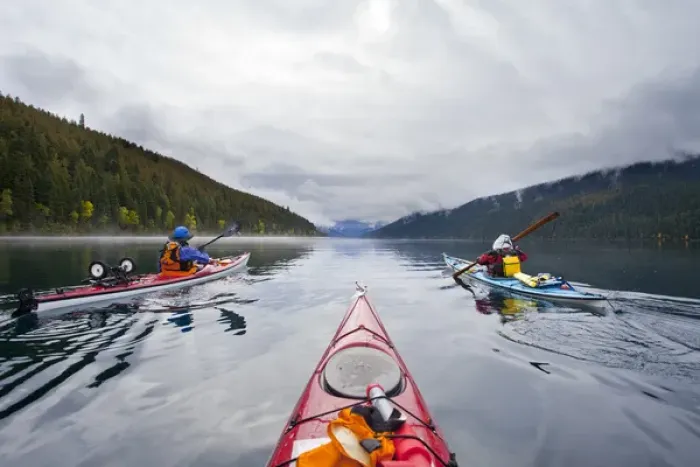 Framed Print : Canada, British Columbia, Bowron Lakes Provincial Park. Sea kayakers on 24-mile long Isaac Lake