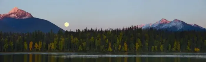 Framed Print : Canada, British Columbia, Bowron Lakes Provincial Park. Panorama of autumn color on Unna Lake