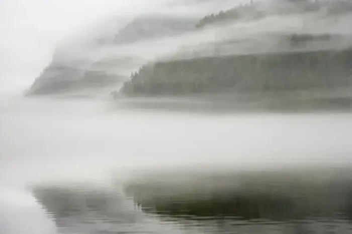 Framed Print : Canada, British Columbia, Calvert Island. Mist and fog shroud water and forested island Framed Print : Canada, British Columbia, Calvert Island. Mist and fog shroud water and forested island