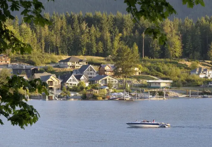 Framed Print : Canada, British Columbia, Cowichan Lake. Ski boat on Cowichan Lake in front of houses Framed Print : Canada, British Columbia, Cowichan Lake. Ski boat on Cowichan Lake in front of houses