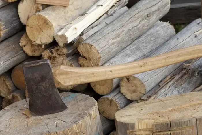 Framed Print : Canada, British Columbia, Fort Steele. Close-up of axe and woodpile