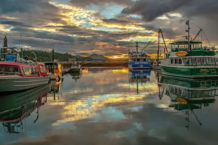 Framed Print : Canada, British Columbia, Inside Passage. Port McNeil marina at sunset. (Editorial Use Only)
