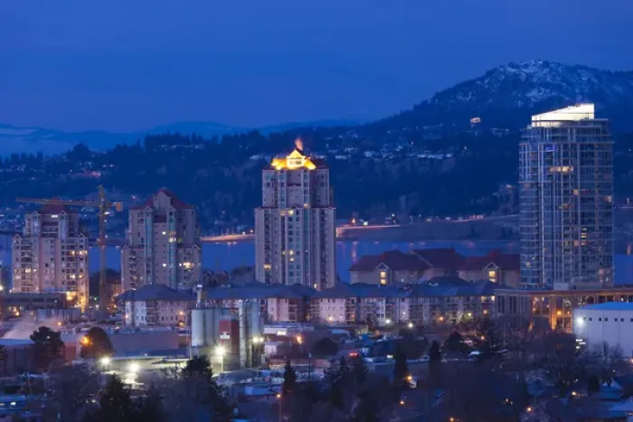 Framed Print : Canada, British Columbia, Okanagan Valley, Kelowna, elevated town view, dawn, winter Framed Print : Canada, British Columbia, Okanagan Valley, Kelowna, elevated town view, dawn, winter