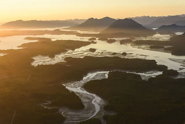 Canada, British Columbia, Pacific Rim National Park. Aerial view of Clayoquot Sound and Lone Cone