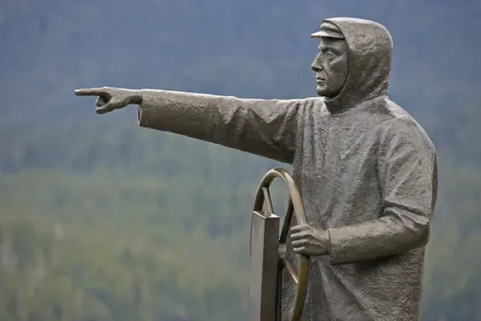 Framed Print : Canada, British Columbia, Prince Rupert. Bronze statue of a male fisherman. Credit as Framed Print : Canada, British Columbia, Prince Rupert. Bronze statue of a male fisherman. Credit as