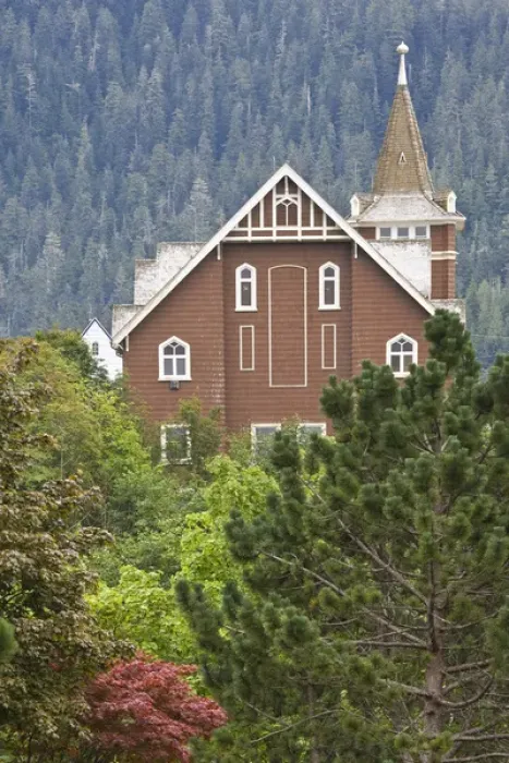 Framed Print : Canada, British Columbia, Prince Rupert. Church rises above trees. Credit as: Don
