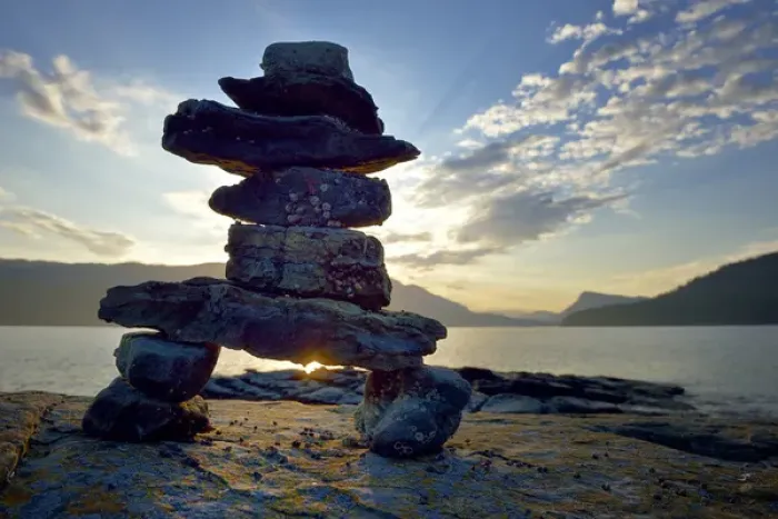 Framed Print : Canada, British Columbia, Russell Island. Rock inukshuk in front of Salt Spring Island