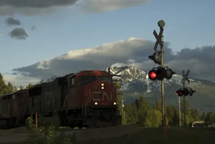 Framed Print : Canada: British Columbia, Valemount, train tracks and light in front of Canoe Mountain