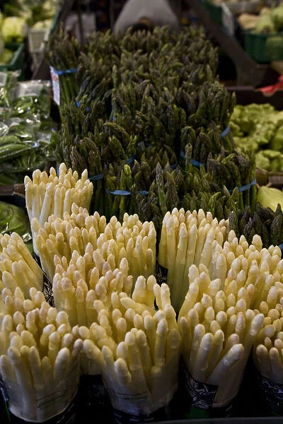 Canada, British Columbia, Vancouver. A close-up of white and green asparagus at the