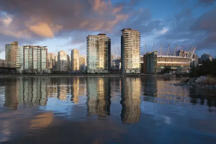 Framed Print : Canada, British Columbia, Vancouver, buildings along False Creek, dawn