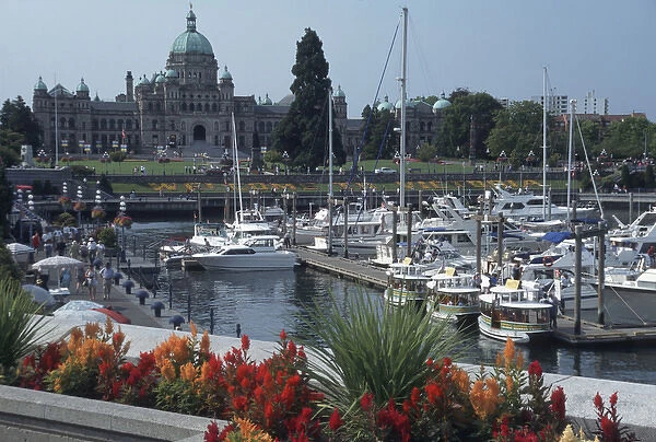 Canada, British Columbia, Victoria Parliament Building, with ships and docks in