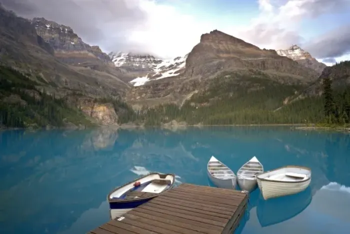 Framed Print : Canada, British Columbia, Yoho National Park. Boats moored at a dock on Lake Ohara Framed Print : Canada, British Columbia, Yoho National Park. Boats moored at a dock on Lake Ohara