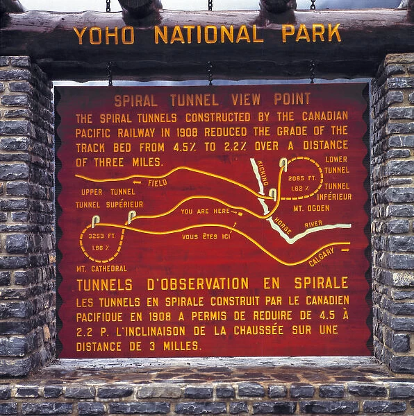 Canada, British Columbia, Yoho NP. Spiral Tunnel Viewpoint sign shows the details