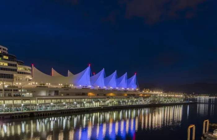 Framed Print : Canada Center lights reflect in harbor in Vancouver, Bitish Columbia, Canada
