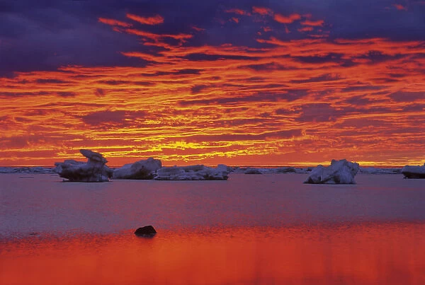 Canada, Hudson Bay. Ice floes on water at sunset