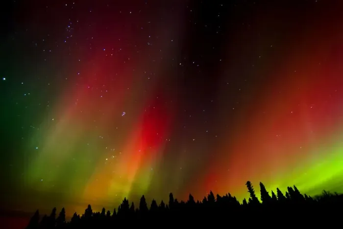 Framed Print : Canada, Manitoba, Birds Hill Provincial Park. Aurora borealis and trees. Credit as