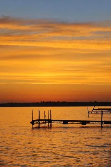 Framed Print : Canada, Manitoba, Clearwater Lake Provincial Park. Docks on Clearwater Lake at sunrise