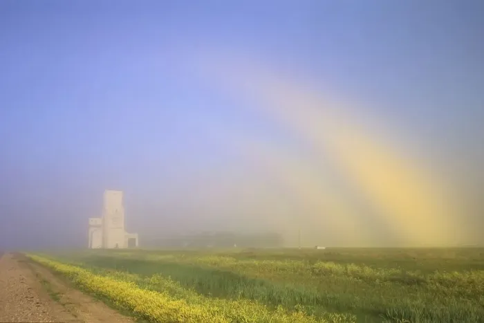 Framed Print : Canada, Manitoba, Culross. Fogbow and grain elevator
