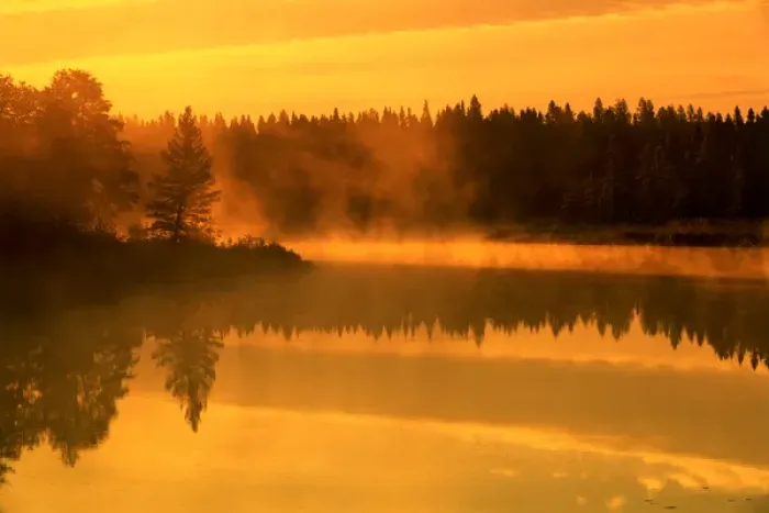 Framed Print : Canada, Manitoba. Fog at sunrise over Whiteshell River Framed Print : Canada, Manitoba. Fog at sunrise over Whiteshell River