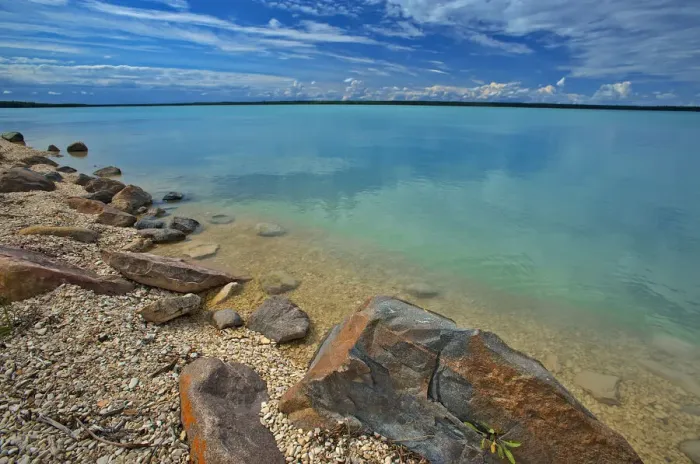 Framed Print : Canada, Manitoba, Little Limestone Lake. Lake and rocks on shore