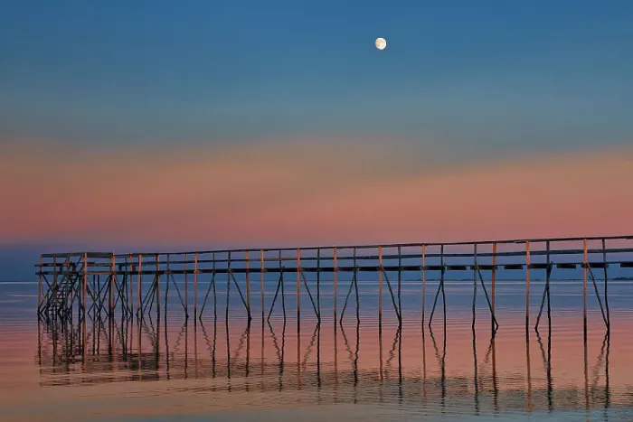 Framed Print : Canada, Manitoba, Matlock. Pier on Lake Winnipeg at dusk with moon Framed Print : Canada, Manitoba, Matlock. Pier on Lake Winnipeg at dusk with moon