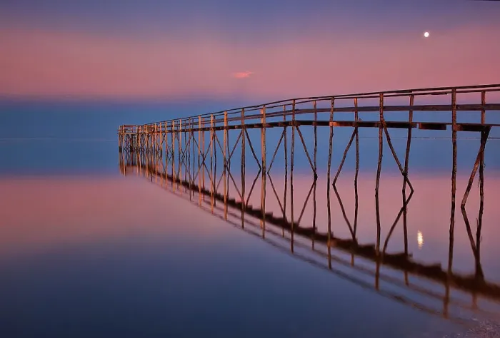 Framed Print : Canada, Manitoba, Matlock. Pier on Lake Winnipeg at dusk with moon