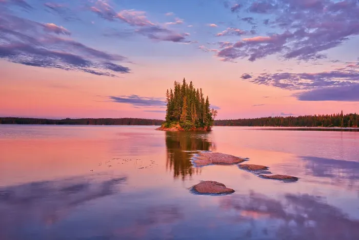 Framed Print : Canada, Manitoba, Paint Lake Provincial Park. Island on Paint Lake at sunrise