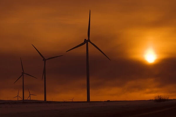 Canada, Manitoba, Somerset. Wind turbines at sunset