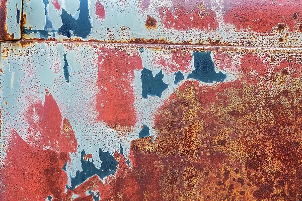 Canada, Manitoba, St. Lupicin. Close-up of rusted paint patterns on vintage car