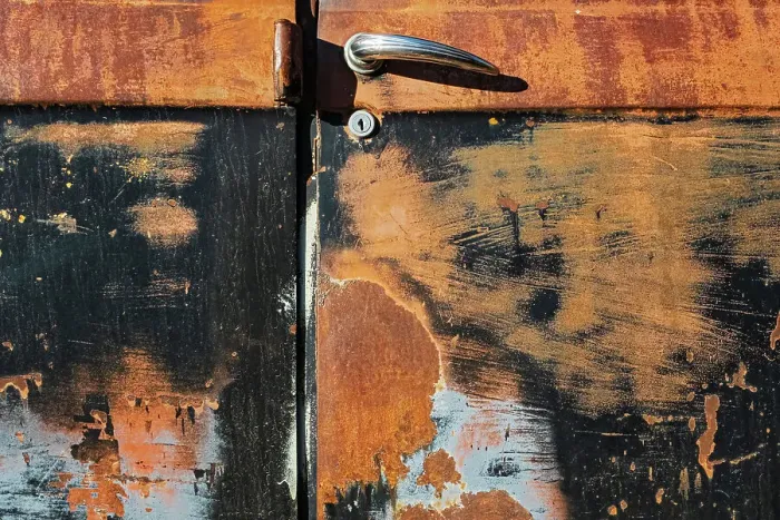 Framed Print : Canada, Manitoba, St. Lupicin. Close-up of rusted paint patterns on vintage car