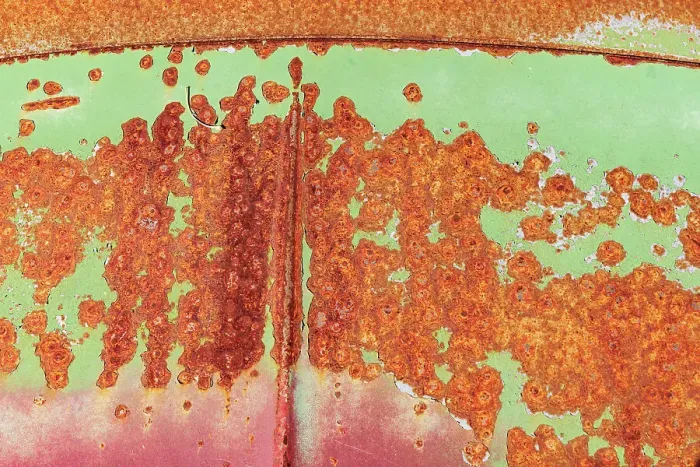 Framed Print : Canada, Manitoba, St. Lupicin. Close-up of rusted paint patterns on vintage car