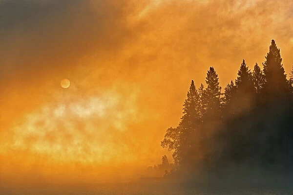Canada, Manitoba, Whiteshell Provincial Park. Foggy sunrise over Caddy Lake