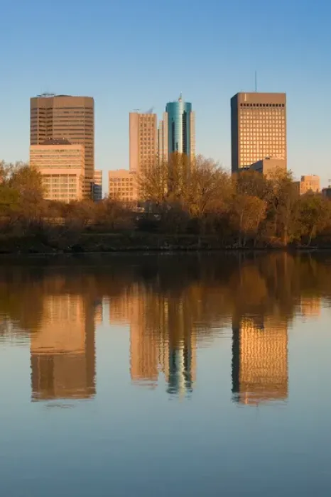 Framed Print : CANADA-Manitoba-Winnipeg: Downtown Buildings reflected in the Red River / Dawn Framed Print : CANADA-Manitoba-Winnipeg: Downtown Buildings reflected in the Red River / Dawn