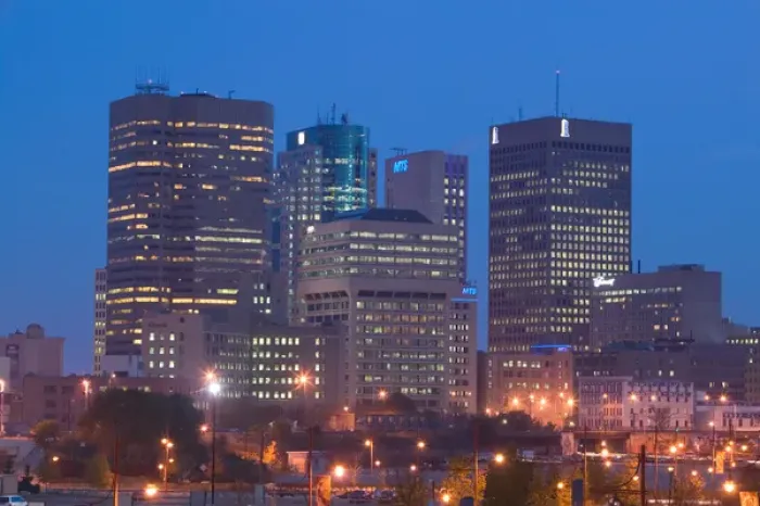Framed Print : CANADA-Manitoba-Winnipeg: Downtown Highrises from The Forks Area- Dawn Framed Print : CANADA-Manitoba-Winnipeg: Downtown Highrises from The Forks Area- Dawn