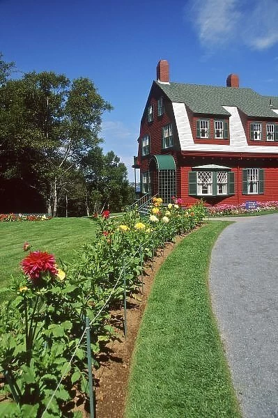 Canada, New Brunswick, Campobello Island. Flowers line a path to Roosevelt Cottage