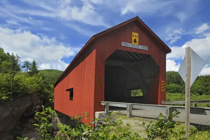 Framed Print : Canada, New Brunswick, Fundy National Park. Red covered bridge at Point Wolfe. Credit as Framed Print : Canada, New Brunswick, Fundy National Park. Red covered bridge at Point Wolfe. Credit as