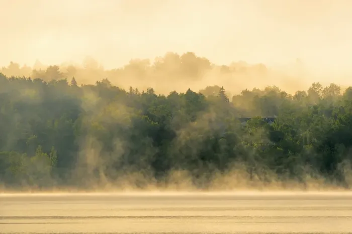 Framed Print : Canada, New Brunswick, Mactaquac. Morning fog on Saint John River at sunrise. Credit as
