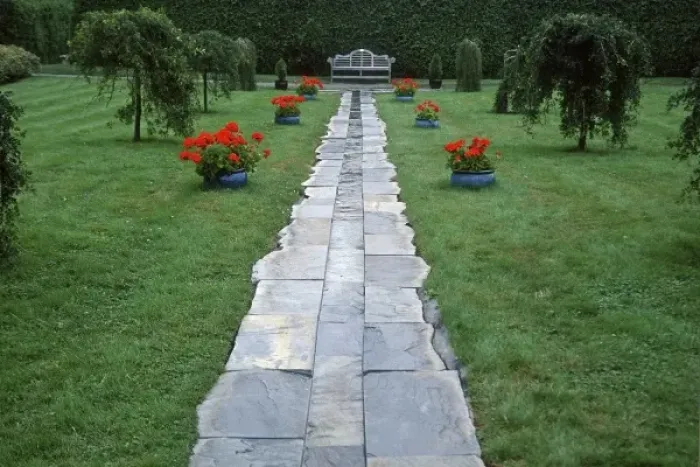 Framed Print : Canada, New Brunswick, St Andrews. Slate walkway leading towards a bench at KIngsbrae