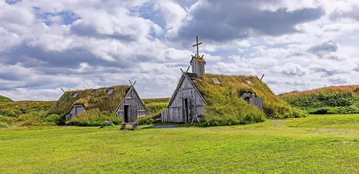 Framed Print : Canada, Newfoundland and Labrador. L Anse aux Meadows National Historic Site, Norstead Viking Village architecture