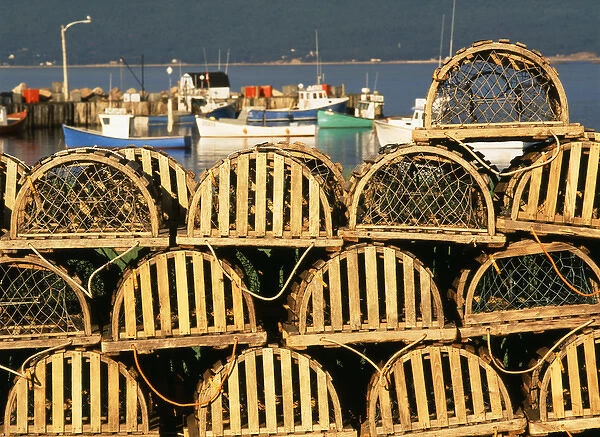 Canada, Nova Scotia, Cape Breton, Stack of lobster traps at Neils Harbour