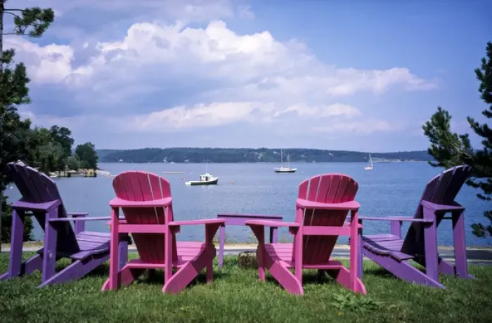 Framed Print : Canada, Nova Scotia, Mahone Bay; Colorful Adirondack chairs overlook the calm bay Framed Print : Canada, Nova Scotia, Mahone Bay; Colorful Adirondack chairs overlook the calm bay