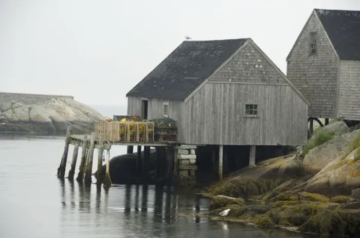 Framed Print : Canada, Nova Scotia, Peggys Cove. Lobster traps on typical wooden dock