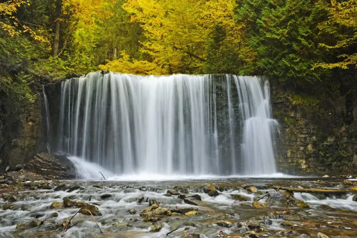 Framed Print : Canada, Ontario. Boyne River at Hoggs Falls in autumn