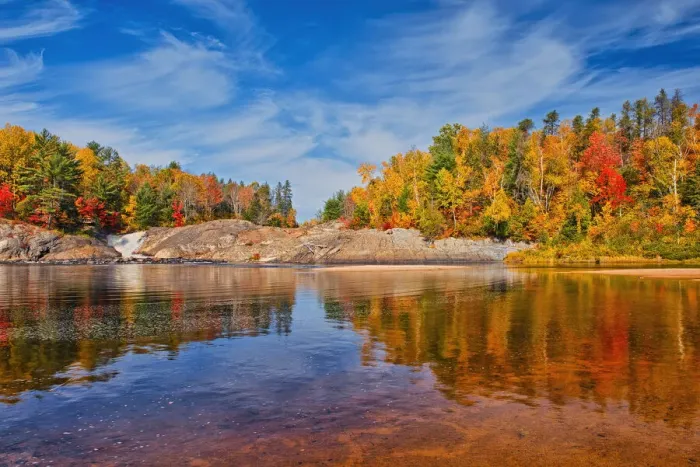 Framed Print : Canada, Ontario, Chutes Provincial Park. Reflections on Aux Sables River in autumn Framed Print : Canada, Ontario, Chutes Provincial Park. Reflections on Aux Sables River in autumn