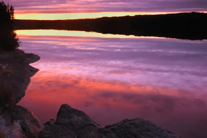 Framed Print : Canada, Ontario. Dusk on Graphic Lake. Credit as: Mike Grandmaison  /  Jaynes Gallery