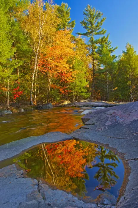 Framed Print : Canada, Ontario. Fall reflections on Rosseau River at Lower Rosseau Falls. Credit as Framed Print : Canada, Ontario. Fall reflections on Rosseau River at Lower Rosseau Falls. Credit as